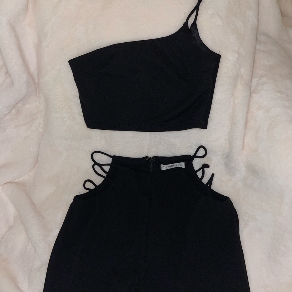 Black Two Piece Set Bodycon Open Side Cut Out Flare Dress Pants Size Small